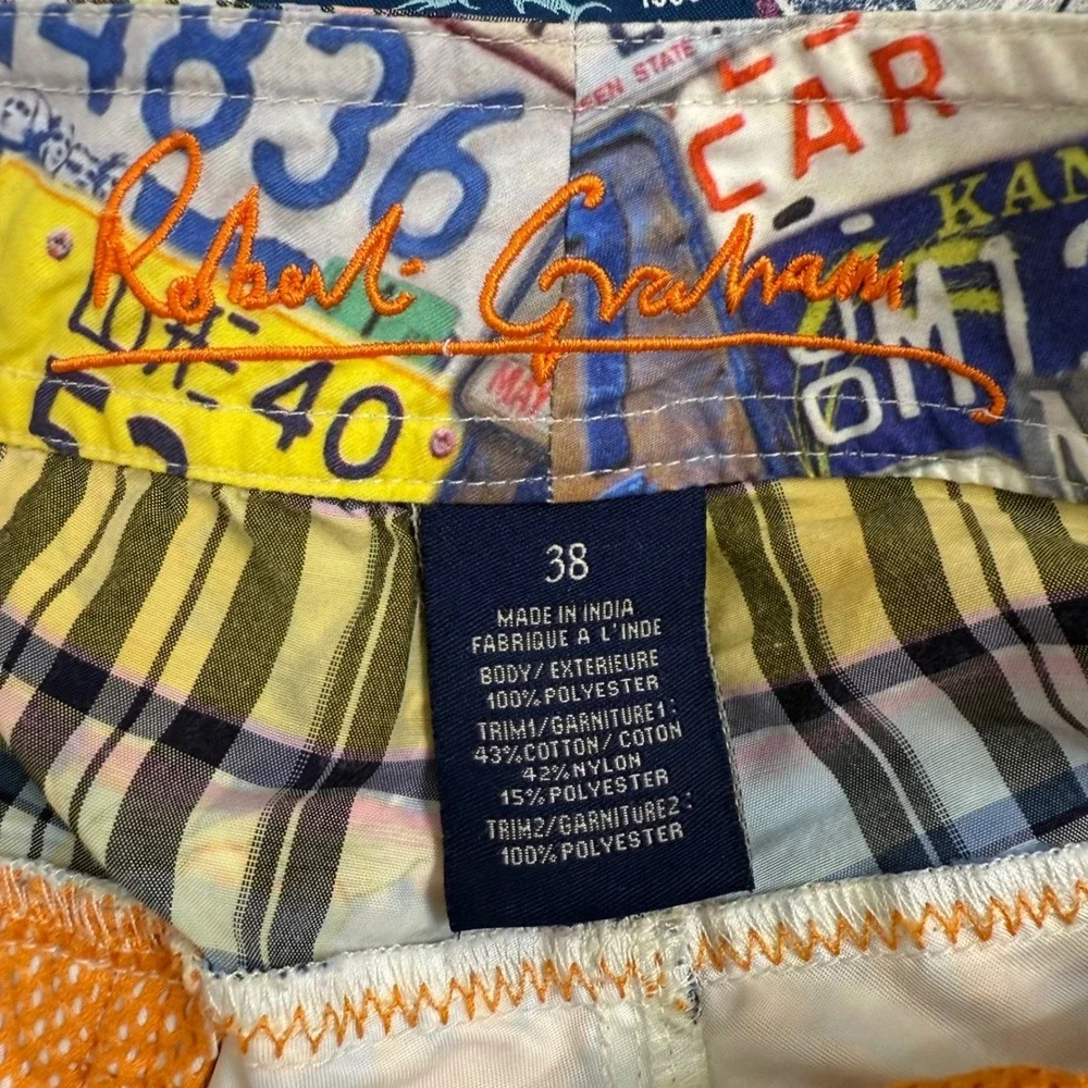 Robert Graham Swim Trunks 38 Patchwork Hawaiian Floral Plaid Surf‎ Beach Shorts